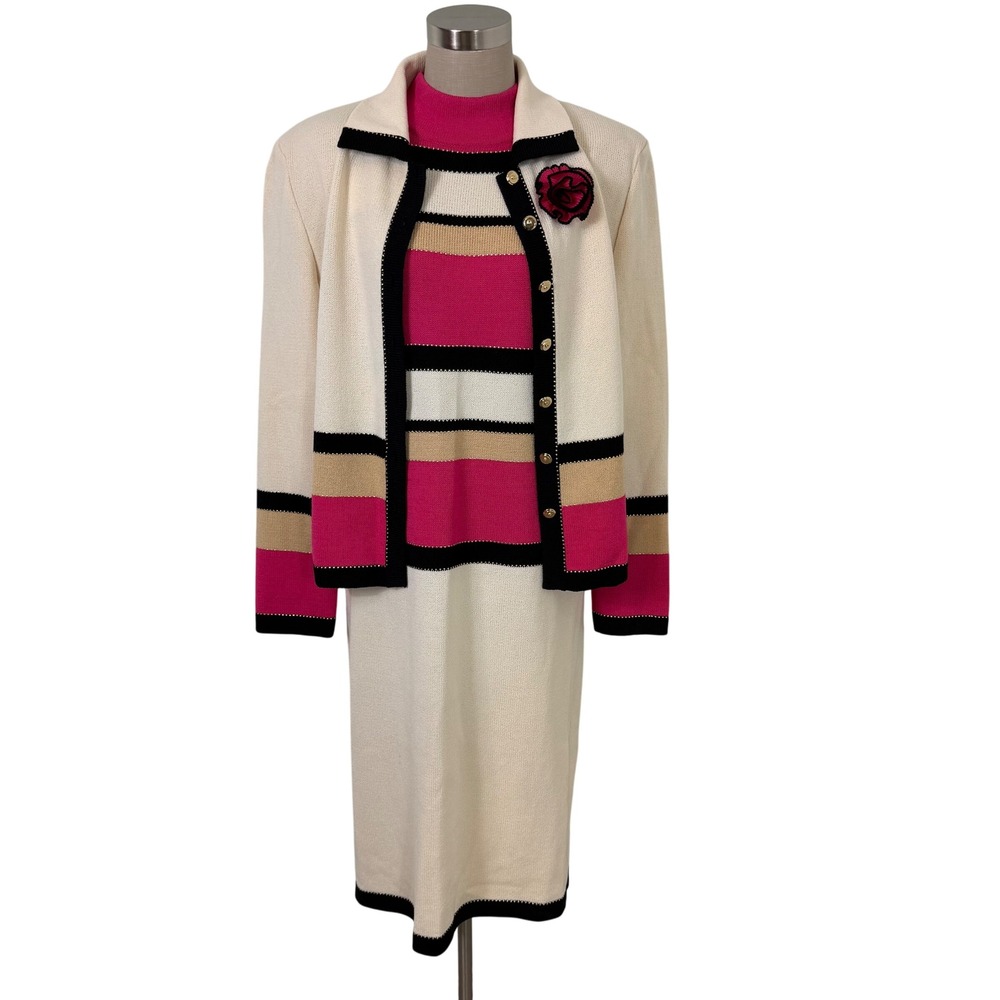 Vintage St.John Collection Santana Knit‎ Dress Jacket Pin Set Pink Cream 10 USA